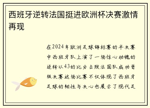 西班牙逆转法国挺进欧洲杯决赛激情再现 西班牙逆转法国挺进欧洲杯决赛激情再现