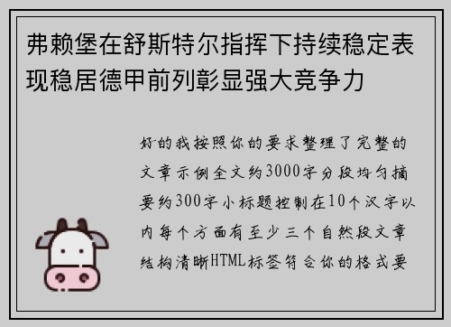 弗赖堡在舒斯特尔指挥下持续稳定表现稳居德甲前列彰显强大竞争力