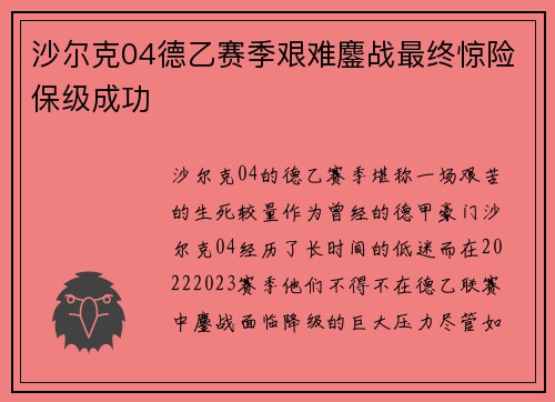 沙尔克04德乙赛季艰难鏖战最终惊险保级成功 沙尔克04德乙赛季艰难鏖战最终惊险保级成功
